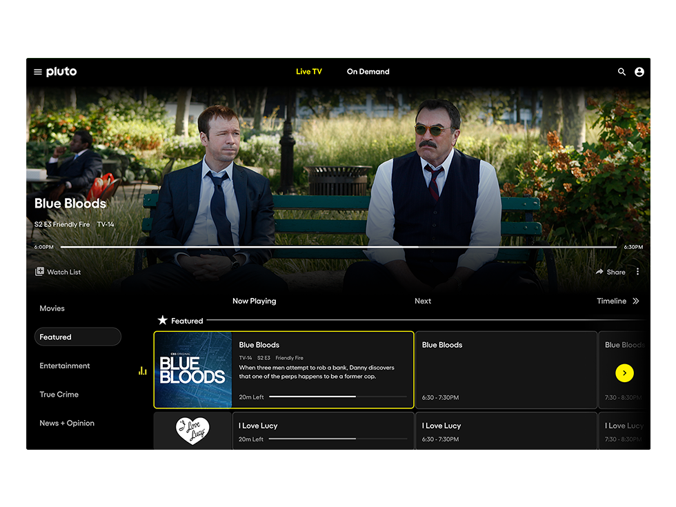 Exemplo promocional de uma página da Pluto TV em um navegador de computador