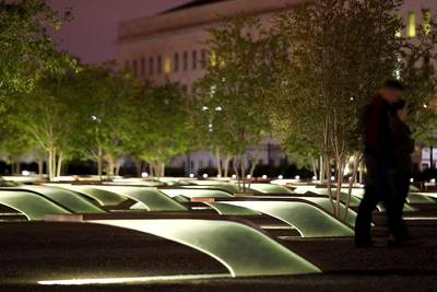 Pentagon Memorial - The Pentagon in Arlington, Virginia, was the site where American Airlines Flight 77 crashed about 30 minutes after take-off on September 11, 2001. Completed in 2008 at a cost of $22 million, the memorial honors the 184 victims who perished with the presence of a steel bench with water running beneath it. At night, lights beneath each bench glow and can be seen by planes flying overhead.(Photo: Alex Wong/Getty Images)