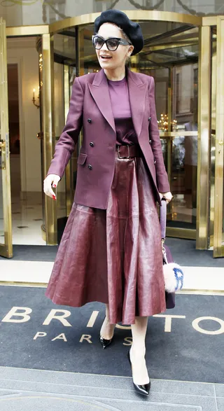 Parisian Chic - Rita Ora wears varying shades of mauve and a black beret while strutting in Paris.&nbsp;(Photo: WENN.com)