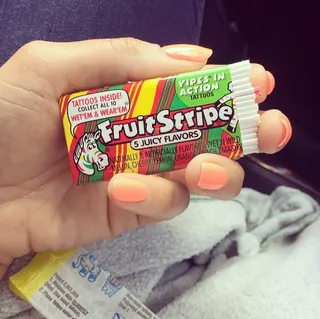 Jordin Sparks -  Are you loving this throwback as much as we are? Jordin matches her orange sherbet-hued mani to her childhood favorite, Fruit Stripe Gum. Yum!(Photo: Jordin Spaks via Instagram)