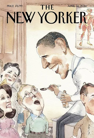 Take That! - The latest cover of the New Yorker magazine celebrates the Affordable Care Act enrollment victory. It depicts a gleeful Obama spooning out some bitter medicine to a petulant looking Senate Minority Leader Mitch McConnell flanked by other Republican leaders who helped lead the charge against his most important domestic achievement.   (Photo: The New Yorker, April 14, 2014)