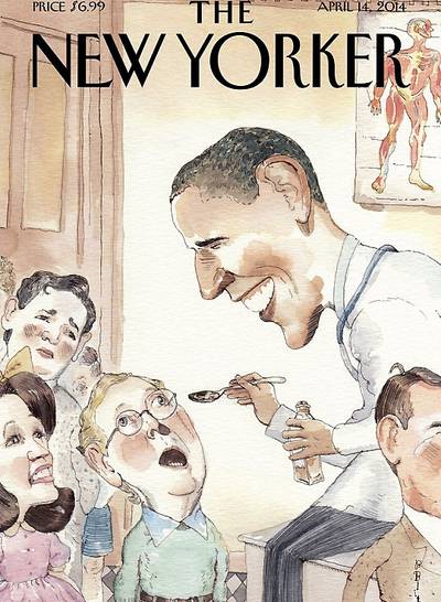 Take That! - The latest cover of the New Yorker magazine celebrates the Affordable Care Act enrollment victory. It depicts a gleeful Obama spooning out some bitter medicine to a petulant looking Senate Minority Leader Mitch McConnell flanked by other Republican leaders who helped lead the charge against his most important domestic achievement.   (Photo: The New Yorker, April 14, 2014)