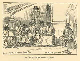 Richmond Had Second-Largest Slave Trade Center in the U.S. - The Library of Virginia provided this drawing by Eyre Crowe that depicts the Richmond slave market in 1853. Richmond was the second largest slave-trading center in America in&nbsp;the years leading up to the Civil War.&nbsp; (Photo: AP Photo/Library of Virginia)