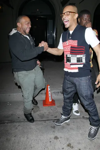 Dap It Up - Timbaland and T.I.&nbsp;share some brotherly love after arriving at Craig's restaurant in Los Angeles. We hope these two will be hitting the studio soon.&nbsp;(Photo: RA, PacificCoastNews)