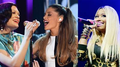 Jessie J Collabs With Ariana Grande and Nicki Minaj - Jessie J is set to release the single &quot;Bang Bang,&quot; featuring Nicki Minaj and Ariana Grande, later this month. Having a track with two of pop's biggest names right now will be a sure fit for Jessie's pop-soul style.&nbsp;&nbsp;(Photos from left: by Mike Coppola/Getty Images,&nbsp; Ethan Miller/Getty Images,Mike Coppola/Getty Images)