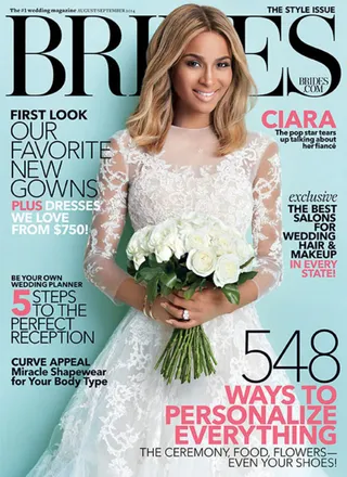 Ciara&nbsp;on Brides - New mom Ciara embodies&nbsp;the glowing bride-to-be in a long-sleeved Chantilly lace gown by Reem Acra on the cover. Inside, she gives us a sneak peek into what she has planned for her upcoming nuptials with fiancé Future.&nbsp;  (Photo: Brides Magazine, August 2014)