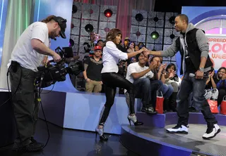 Step Right Up - Terrence J welcomes Brooke Valentine to the stage at 106 &amp; Park, February 16, 2012. (Photo: John Ricard / BET)