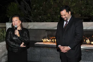 Debra Lee and Benjamin Jealous - BET's Debra Lee and the NAACP president address the festive crowd at Culina's in Beverly Hills. (Photo: Vince Bucci/PictureGroup)