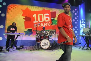 Look at That - DJ Lyve joins house band Notorious onstage at 106 &amp; Park, February 15, 2012. (Photo: John Ricard / BET)