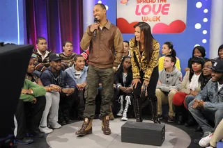 Terrence J - Terrence J watches as Rocsi Diaz demonstrates how Lil Niqo stepped off his apple box to conduct his Grammy interview with Kirk Franklin for BET, at 106 &amp; Park, February 15, 2012. (Photo: John Ricard / BET)