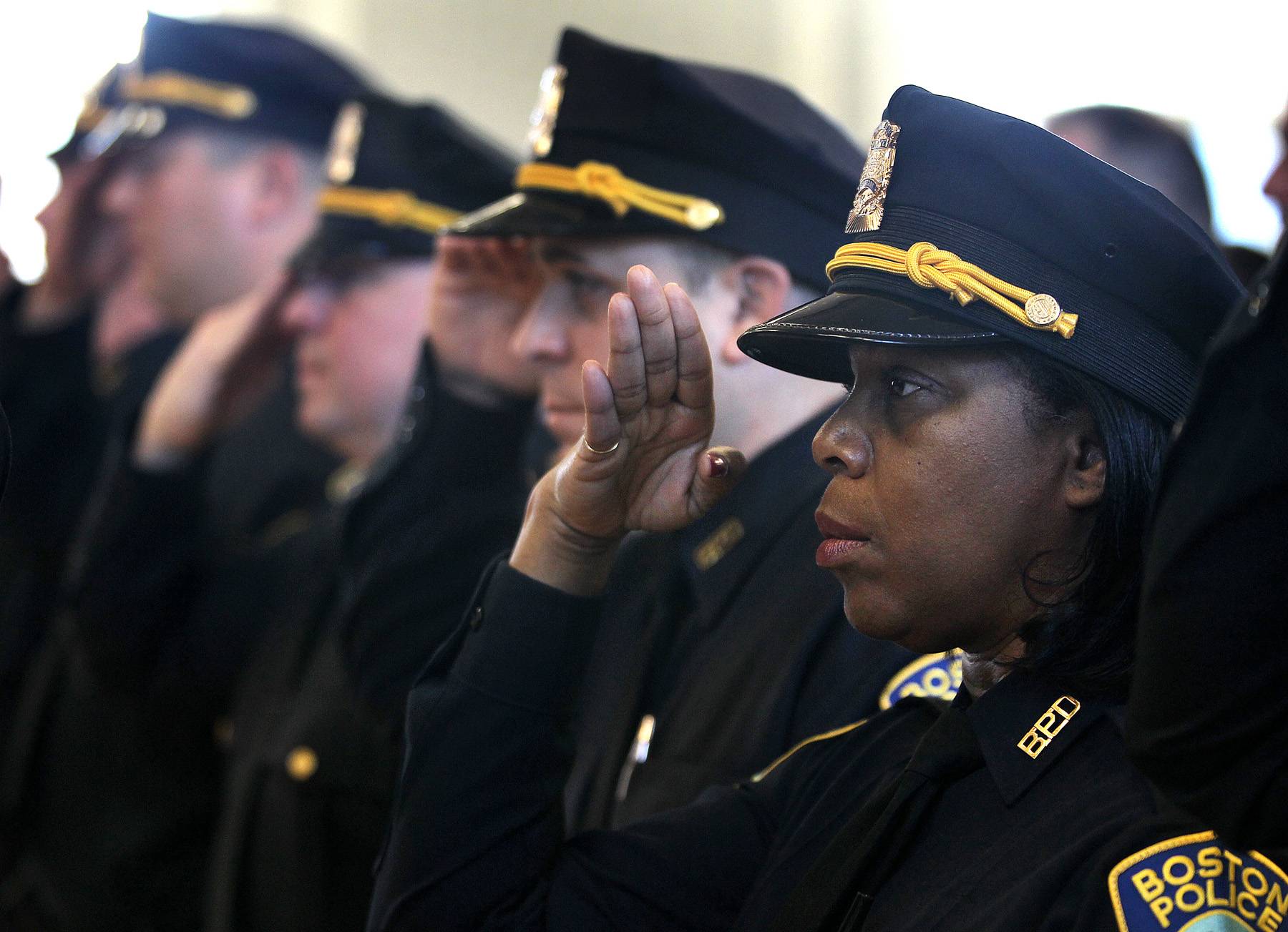 Black Boston Police Sue City - Last week nine African-American police supervisors sued the city of Boston claiming they and others on the force have failed to advance in their jobs because of a discriminatory multiple-choice exam. &nbsp;(Photo: Pat Greenhouse/The Boston Globe via Getty Images)