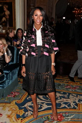 June Ambrose at Kim Hicks Couture  - June opted for a feminine look that had edge at the presentation held at Woolworth Mansion on February 8.   (Photo: Chelsea Lauren/Getty Images)