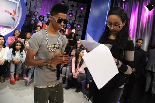 What Are My Lines - Lil Twist reviews show notes with show producer Stasia at 106 &amp; Park, February 14, 2012. (Photo: John Ricard / BET)