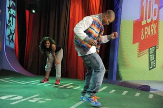 Bringing My Best - As Rocsi Diaz laughs, Victor Cruz dances his signature salsa dance at 106 &amp; Park, January 26, 2012. (Photo: John Ricard / BET)