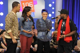 Oh Yeah - Bow Wow blushes as Jermaine Dupree tells Terrence J and Rocsi Diaz of their first meeting, at 106 &amp; Park, January 23, 2012. (Photo: John Ricard / BET)