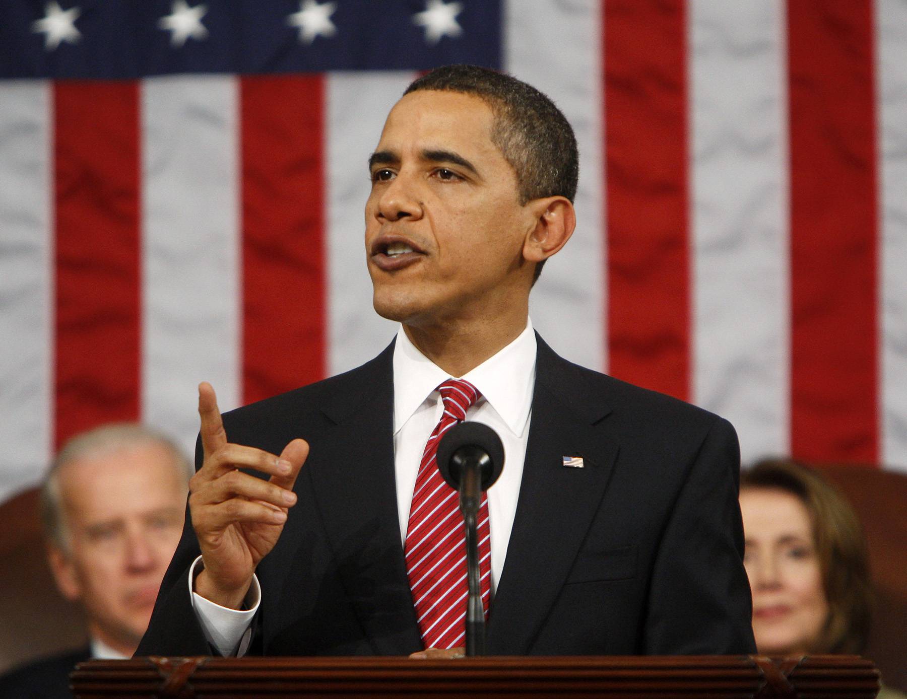 In his first speech before a joint session of Congress, on Feb. 24, 2009,&nbsp;President Obama outlined an agenda to revive the “massive debt” he’d inherited “to build a new foundation for lasting prosperity.” Technically, it wasn’t a State of the Union address because Obama’s presidency was only a month old. He announced a new lending fund to provide college, automobile and small-business loans and a housing plan to help struggling homeowners refinance their mortgages and said that Wall Street would be held accountable for its spending. He also began the push for his health care reform plan. The unemployment rate nationally was 8.1 percent, while the African-American jobless rate was 13.4 percent.&nbsp;(Photo: Pablo Martinez Monsivais-Pool/Getty Images)