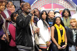 This Way - Freestyle Friday challenger Dolo Chillin, who hails from Buffalo, NY, and judge DJ Scratch at 106 &amp; Park, January 20, 2012. (Photo: John Ricard / BET)