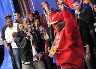 Hands Up - Sensing victory, Relly celebrates as Dolo Chillin delivers his second verse at 106 &amp; Park, January 20, 2012. (Photo: John Ricard / BET)