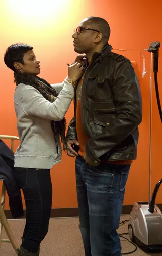 Cool Bro - Maino puts the finishing touches on his wardrobe in the green room at 106 &amp; Park, January 19, 2012. (Photo: John Ricard / BET)