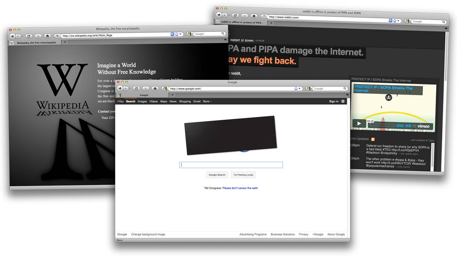 Internet Sites Black Out - In the first strike of its kind, thousands of popular sites — including Wikipedia, Boing Boing, Reddit and others —&nbsp;shut down for up to 24 hours on Wednesday in an online grass-roots protest against the Stop Online Piracy Act (SOPA) and the Protect Intellectual Property Act (PIPA).(Photos: Courtesy of Wikipedia.com/Google.com/Reddit.com)