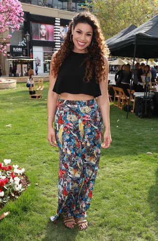 The Living Is Easy - Singer Jordin Sparks looks California cool in this flirty crop top and high-waisted wide-legged floral trousers while filming the E! News segment &quot;Who Wore It Better&quot; at the Americana at Brand in Glendale.(Photo: @Parisa / Splash News)