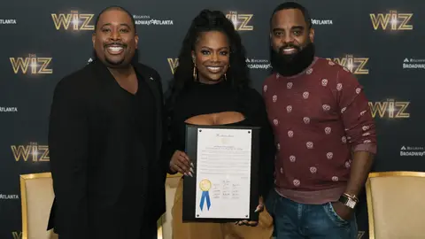 Creative lead producer Brian A. Moreland with Kandi Burruss and Todd Tucker at The Wiz preview at The Fox Theatre in Atlanta