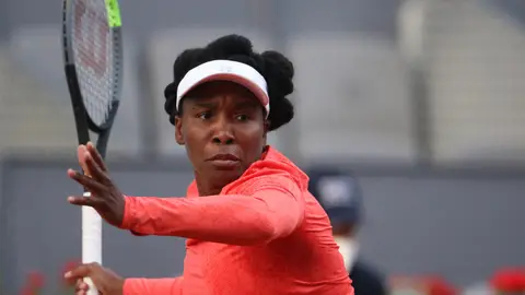Venus Williams of Unitesd States in action during his Women's Singles match against Jennifer Brady of United States on day two of the WTA 1000 - Mutua Madrid Open 2021 at La Caja Magica on April 30, 2021 in Madrid, Spain