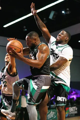 The R&amp;B OG Tank With The Highly Contested Layup. Pressure From Kap G And Casanova. - (Photo: Leon Bennett/Getty Images for BET)