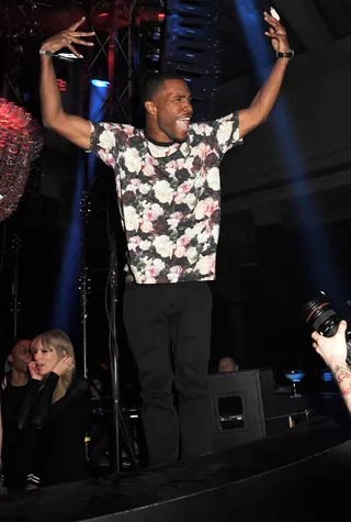 So Excited - Frank Ocean shows a little excitement onstage at the Universal Music Brits Party hosted by Bacardi at the Soho House pop-up in London.(Photo: Dave M. Benett/Getty Images for BACARDI)