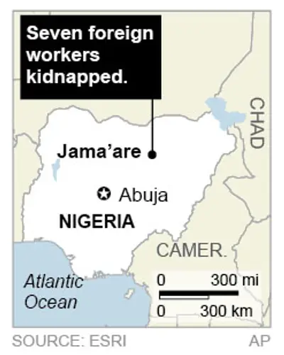 Militants Take Responsibility for Kidnapping Foreign Workers - Ansaru, a small Islamic extremist group with former ties to Boko Haram, claimed responsibility Monday for the kidnapping of seven foreign workers from Northern Nigeria. The group has threatened to harm the workers if any attempt at escape or rescue is made.  (Photo: F. Duckett/AP Photo)