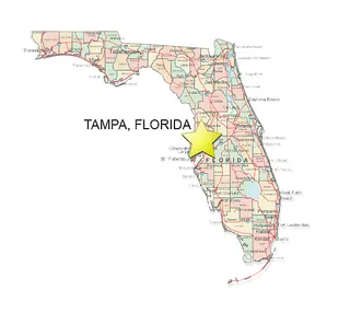 Geography - Tampa is located on Florida's west coast on the Gulf of Mexico. It is bordered on the south and west by the Hillsborough and Old Tampa bays. The city's area is 170.6 square miles. Tampa is the largest city within Hillsborough County.&nbsp; (Photo: Courtesy of Maps.com)