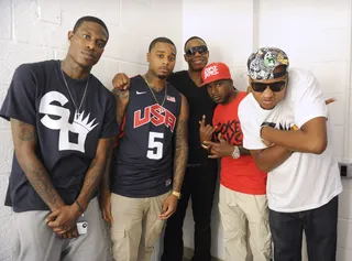 Whoa There - Slim and Trip of Square Off, Dough E Fresh, Vicious and Bruck Up in the green room at BET's 106 &amp; Park, August 6, 2012. (Photo: John Ricard / BET)