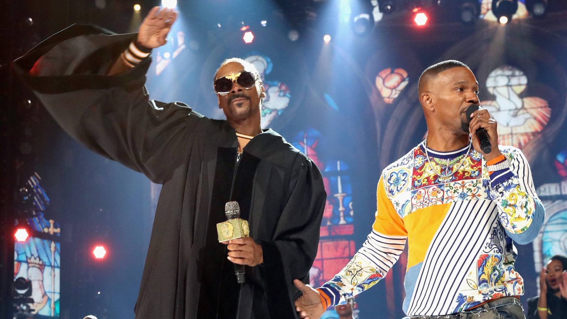 Snoop Dogg and host Jamie Foxx perform onstage at the 2018 BET Awards at Microsoft Theater on June 24, 2018.