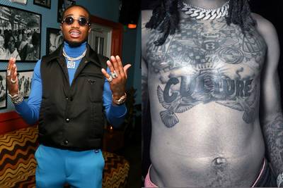 Quavo - Well, this is interesting placement! The Migos rapper's tattoo artist (@inkbykali) displayed his newest ink on Quavo and Instagram has some questions on his tattoo as well as his build. One user says, &quot;How you a millionaire getting tattoos like this,&quot; another commented saying, &quot;He spelled his niece name wrong,&quot; and another says, &quot;What in the name of 9 yr old girl body is goin on here?!&quot; Ouch. What do you all think of Quavo's newest tatt? (Photos from Left:&nbsp;Astrid Stawiarz/Getty Images for Prada, rap24horasblog via Instagram)