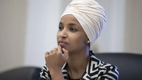 WASHINGTON, DC - FEBRUARY 12: Rep. Ilhan Omar (D-MN) attends the Pathway To Peace Policy panel on February 12, 2020 at the U.S. Capitol in Washington, DC. The "Pathway to Peace" initiative, launched by Rep. Omar, would stress a multilateral and diplomatic approach over military action. (Photo by Tasos Katopodis/Getty Images)