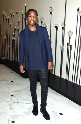 Pretty Boy Rock - A$AP Rocky&nbsp;in full rock-star mode wears waxed denim skinny jeans and a navy blazer while chilling in Miami Beach during Art Basel.(Photo: Venturelli/GC Images)