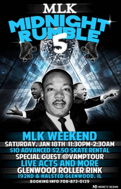 Midnight Rumble - Not one, but three images of MLK were cut and pasted onto this design to get the point across that Midnight Rumble is an event worth attending. It almost convinces us that MLK will be the special guest.  (Photo: Nemetz Design via Twitter)