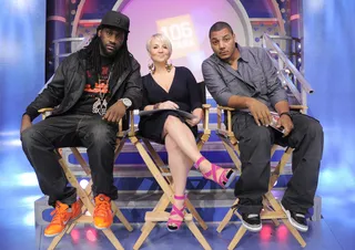 Jenny Boom Boom and Crew - Freestyle Friday judges M16, Jenny Boom Boom and Rich Dollaz at 106 &amp; Park, March 15, 2012.(Photo: John Ricard/BET)