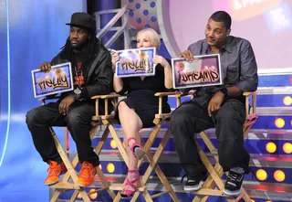 Give It to Relly - Freestyle Friday judges M16, Jenny Boom Boom and Rich Dollaz decide in favor of Relly at 106 &amp; Park, March 15, 2012.(Photo: John Ricard/BET)