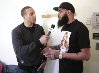 Tony Anderson with Stalley - Tony Anderson of BET.com speaks with Stalley in the green room at 106 &amp; Park, March 13, 2012. (Photo: John Ricard / BET)