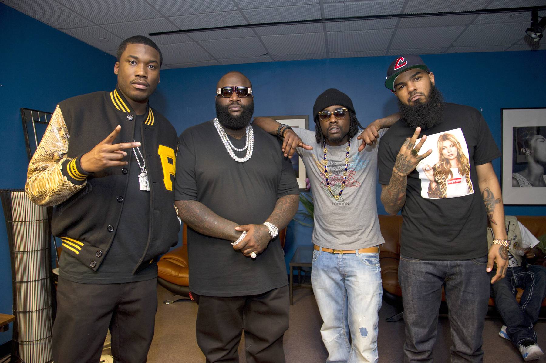 The MMG Crew - MMG (Meek Mill, Rick Ross, Wale, Stalley) in the green room at 106 &amp; Park, March 13, 2012. (Photo: John Ricard / BET)