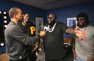 Hey - Tony Anderson from bet.com MMG (Meek Mill, Rick Ross, Wale, Stalley) in the green room at 106 &amp; Park, March 13, 2012. (Photo: John Ricard / BET)