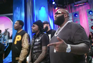 MMG - Meek Mill, Wale, Stalley and Rick Ross relax during commercial break at 106 &amp; Park, March 13, 2012. (Photo: John Ricard / BET)