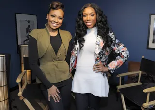 Two Beauties - Brandy and Monica in the green room at 106 &amp; Park, March 12, 2012. (Photo: John Ricard / BET)