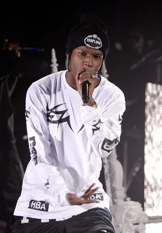 Going In - Rapper A$AP Rocky&nbsp;warms up the crowd on Rihanna's Diamonds World Tour at Barclays Center in Brooklyn. (Photo: Mike Lawrie/Getty Images)
