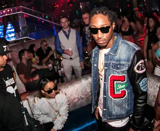 Future - We need this denim and leather patchwork jacket Future was spotted wearing in a Miami strip club earlier this week. We’ll take the sunglasses too!(Photo: V V K Enterprise Courtesy of KOD Miami)