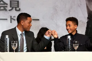 Partners in Crime - Father and son acting duo Will and Jaden Smith fist bump during an After Earth press conference at the Ritz Carlton in Tokyo. (Photo:&nbsp; Ken Ishii/Getty Images)