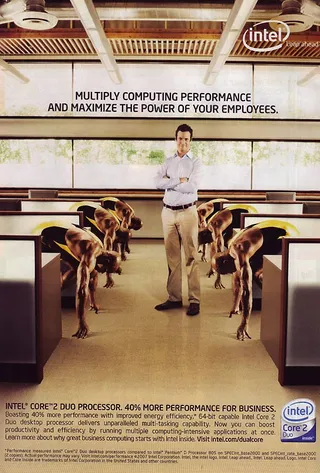 Bow Down? - Was it a modern day slave owner exerting his authority over his &quot;property&quot;? Some folks were skeptical of this 2007 Intel Core Duo 2 ad featuring a white male standing over a group of men with dark complexions as they crouched with heads bowed.&nbsp;(Photo: Intel)