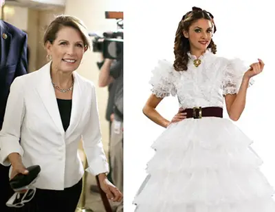 Michele Bachmann as Scarlett O'Hara - Scarlett O'Hara&nbsp;was known for being a &quot;high-strung busybody,&quot; much like our &quot;favorite&quot; babbling Congresswoman from Minnesota. In the past few months, she's been busy talking about how&nbsp;Obama &quot;funds&quot; terrorists&nbsp;and&nbsp;comparing&nbsp;Obamacare to crack cocaine, to name a few ramblings.&nbsp;(Photos from left: Chip Somodevilla/Getty Images, Courtesy Amazon)