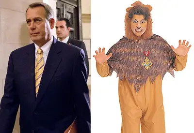 John Boehner as the Cowardly Lion from The Wizard of Oz - If John Boehner had been “the king of the forest,” the government shutdown might not have ever happened. Instead, Boehner was the cowardly lion,&nbsp;letting Rep. Ted Cruz and his merry men (the Tea Party) take control. In the end, it worked against him. A recent CNN poll says that six out of 10 Americans believe he should be replaced due to his leadership – or lack thereof – during the shutdown.&nbsp; (Photos from left: AP Photo/J. Scott Applewhite, Courtesy Party City)